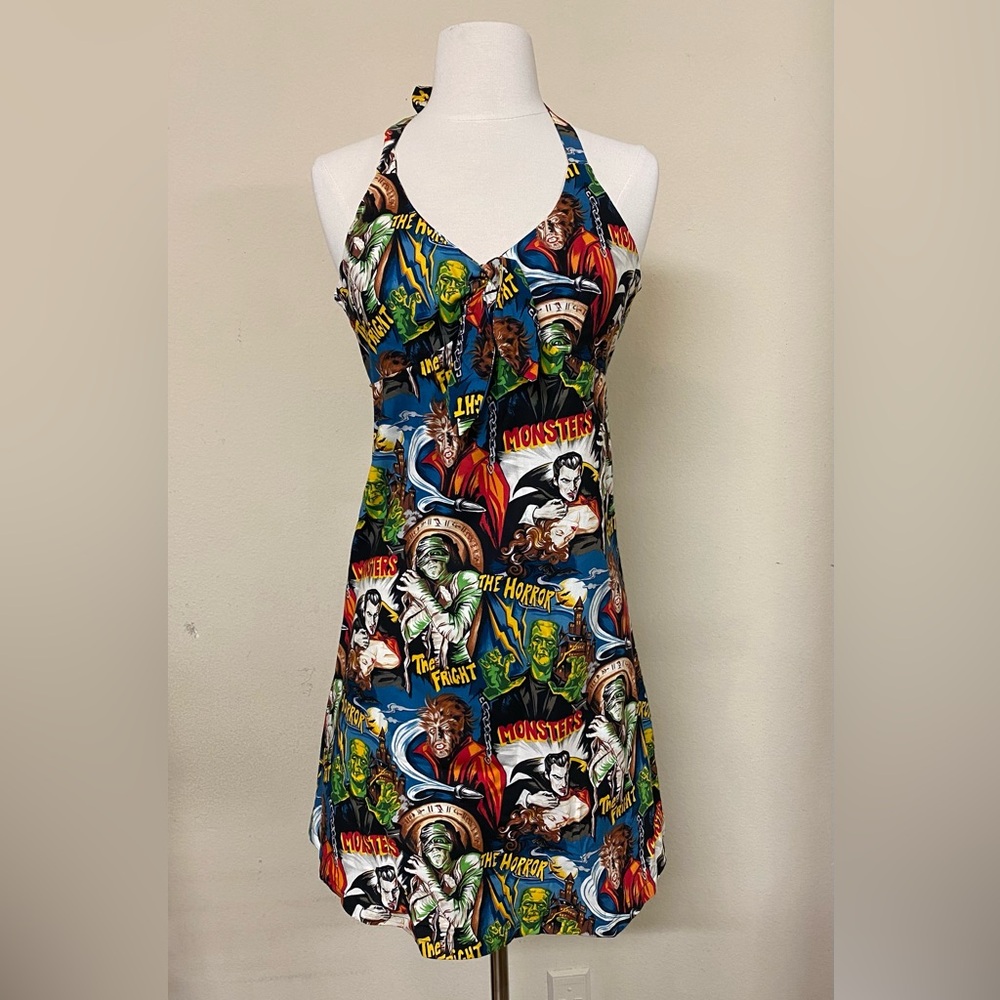 Paper Doll Productions Horror Monster Print Halter Mini Dress Halloween Soooky